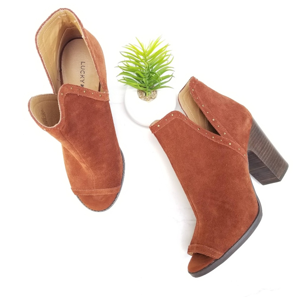 LUCKY BRAND Booties Open Toe Brown Suede Heels